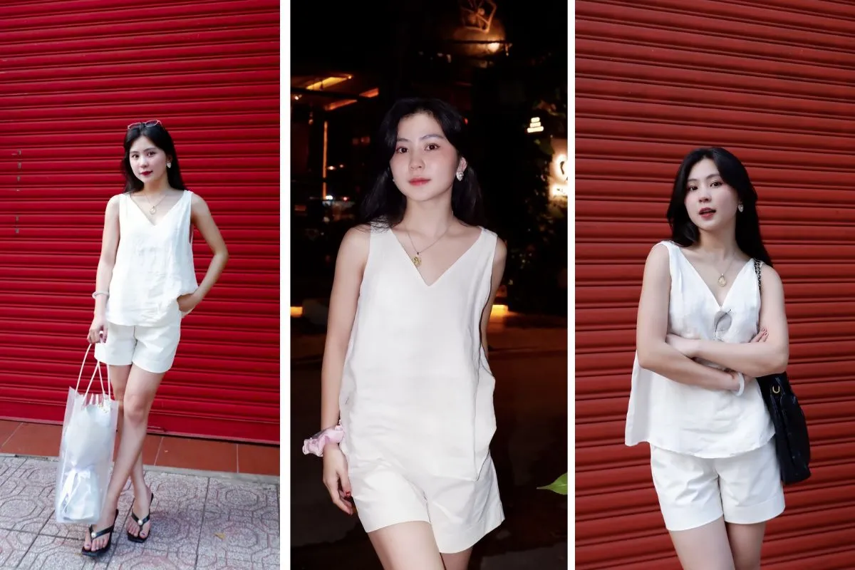 Áo tanktop linen + quần short nữ tính là outfit đi dạo cực năng động
