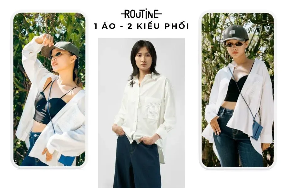 Một chiếc áo sơ mi trắng nữ cùng hai kiểu phối đồ khác nhau tạo nên hai phong cách khác biệt.