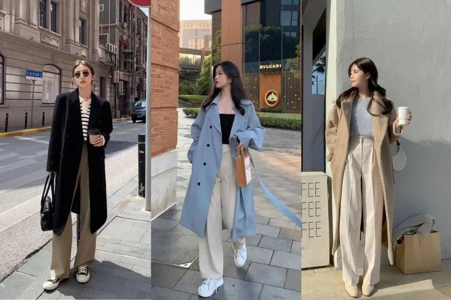 quần ống rộng và áo khoác dáng dài