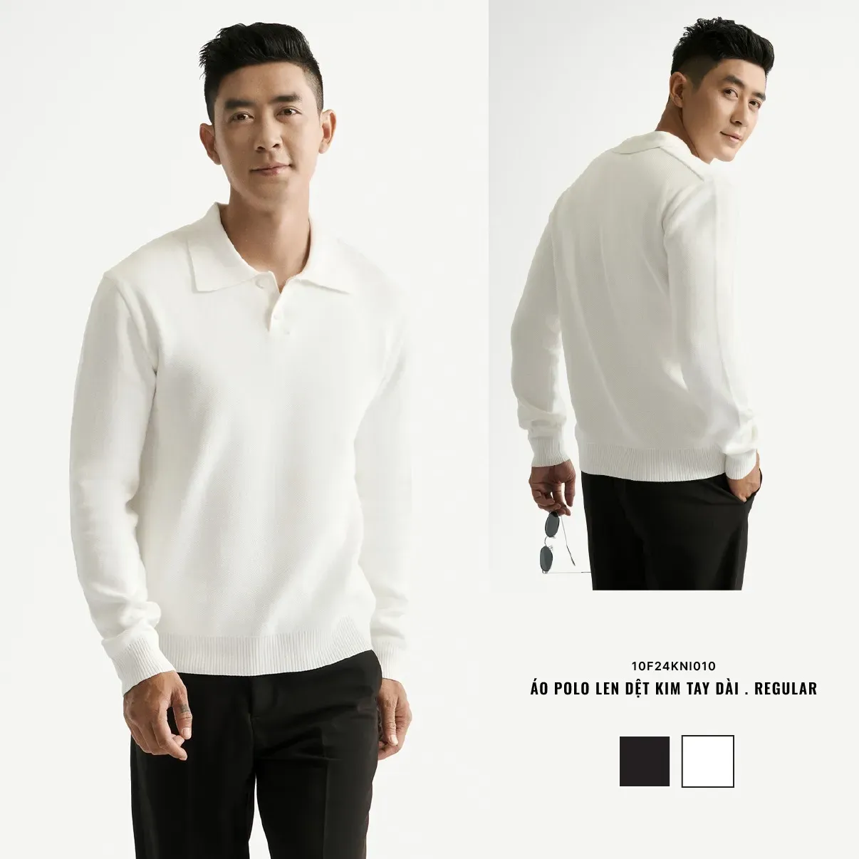 Áo polo len trắng kết hợp cùng quần tây đen là một lựa chọn hoàn hảo cho người mệnh Kim (Nguồn: Routine)