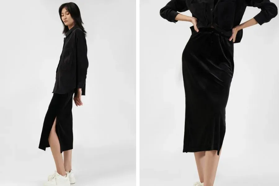 Chân váy nhung midi mix áo sơ mi