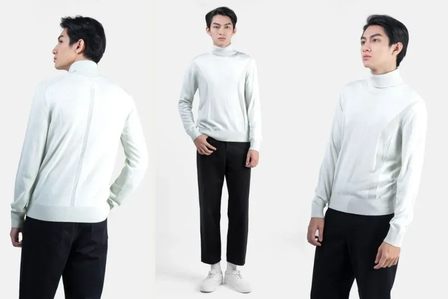 Áo dệt kim tay dài cổ cao kết hợp quần vải giúp bạn nam toát lên vẻ đẹp trẻ trung