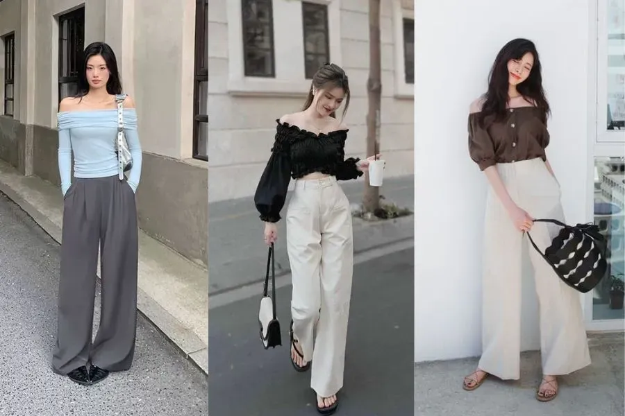 Mix áo trễ vai đi cùng quần ống rộng