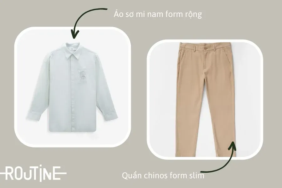 Phối áo sơ mi form rộng tay dài cùng quần chinos giúp chàng trẻ trung, thanh lịch