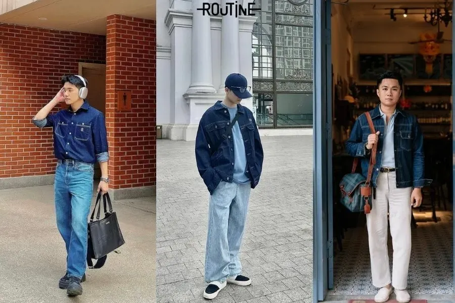 Set đồ Denim on Denim dành cho nam theo tone xanh sáng nhẹ nhàng