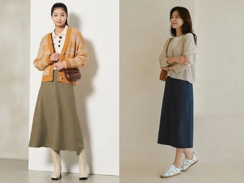 Phối đồ với áo cardigan nữ và chân váy dài mang lại vẻ đẹp dịu dàng