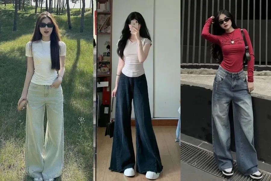 quần ống rộng với chiếc áo thun