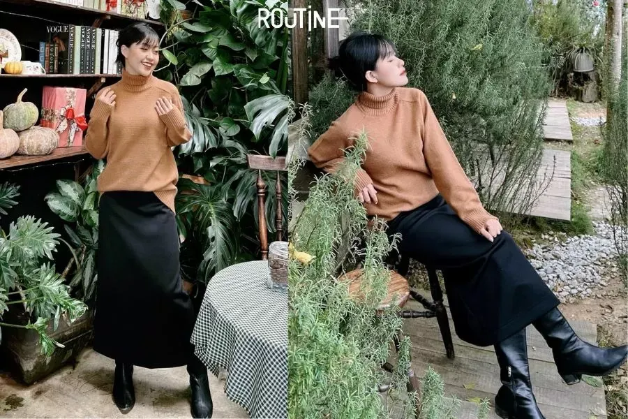 Gợi ý cách phối áo len cổ lọ với chân váy dài điệu đà, cá tính