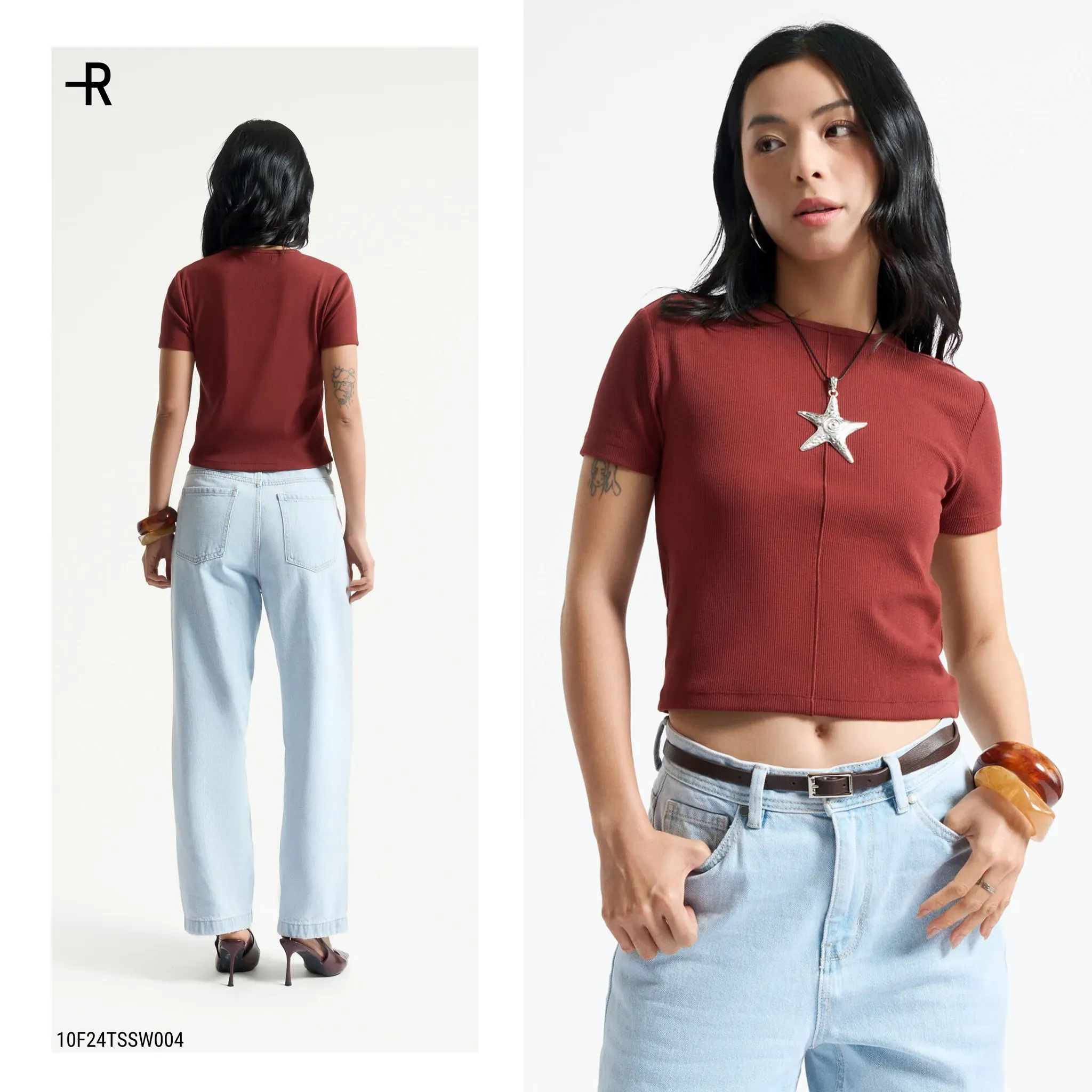 Áo croptop màu đỏ đất kết hợp với quần jeans xanh nhạt tạo nên một outfit trẻ trung và cá tính (Nguồn: Routine)