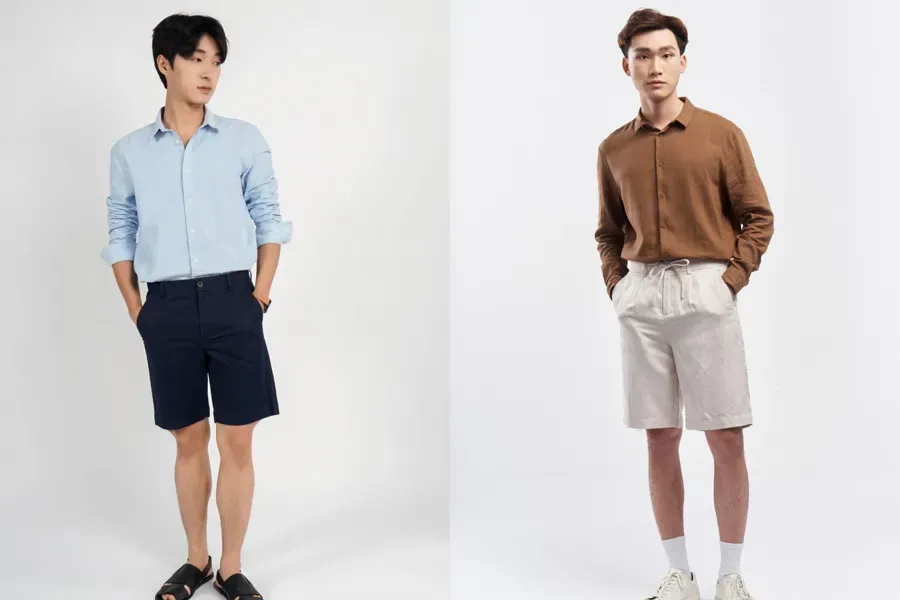 Áo tay dài và quần short sẽ là bộ outfit phù hợp với các chàng yêu thích phong cách tối giản, thoải mái và năng động