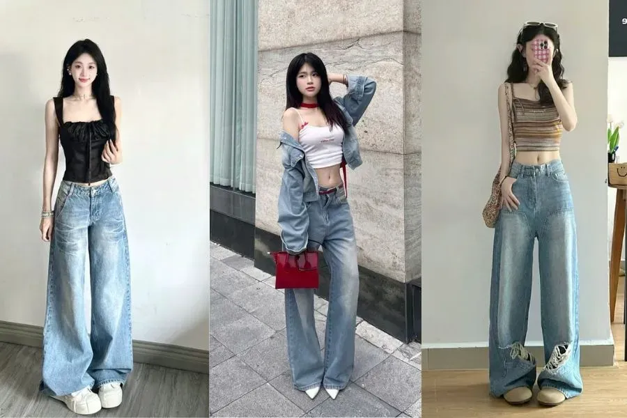 quần ống rộng cùng áo 2 dây