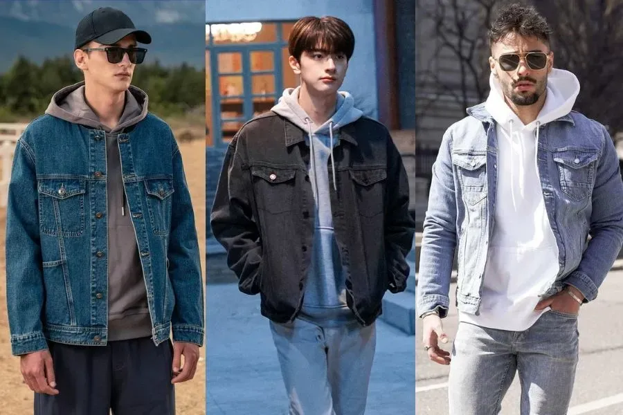 Phối áo khoác denim nam cùng áo khoác nỉ