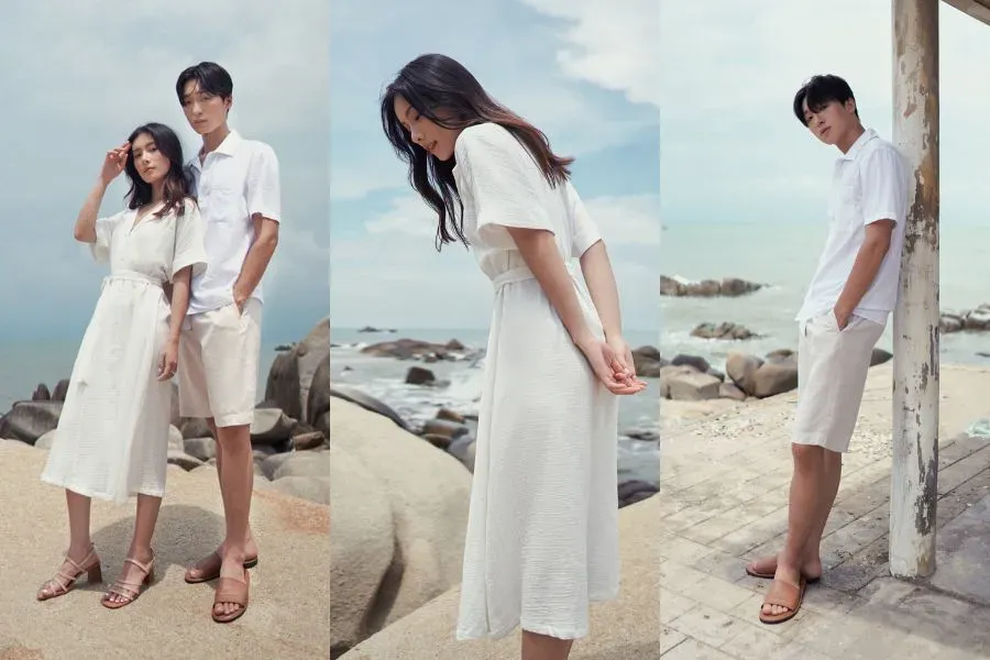 Phối đồ đôi du lịch biển cùng tông màu mang phong cách thanh lịch, nhẹ nhàng.
