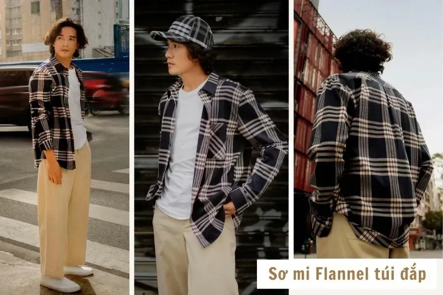 Áo sơ mi flannel kẻ caro túi đắp tiện dụng mang phong cách hiện đại.