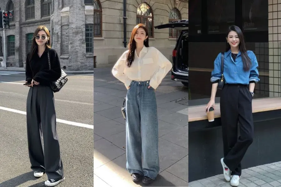 phối quần ống rộng với áo sơ mi