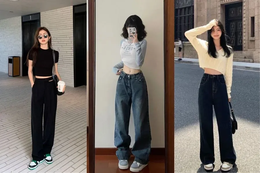 quần ống rộng có màu tối và áo croptop
