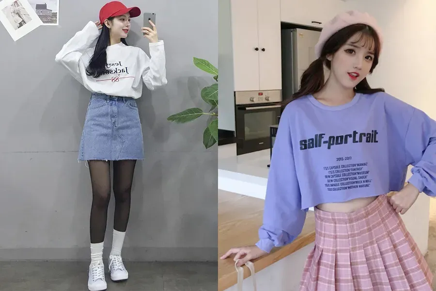 Áo thun tay dài và chân váy ngắn sẽ mang lại outfit ngọt ngào, đáng yêu nhưng không kém phần trẻ trung, năng động