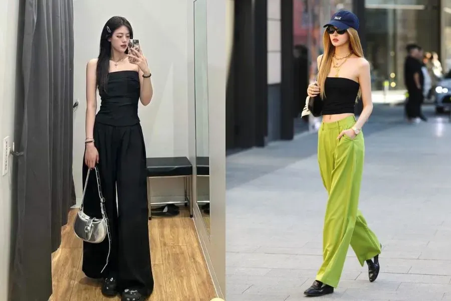 phối đồ với áo ống và quần ống rộng