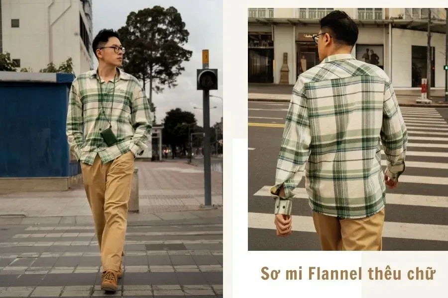 Áo sơ mi flannel kẻ caro phối họa tiết thêu tạo điểm nhấn tinh tế, bé xinh.