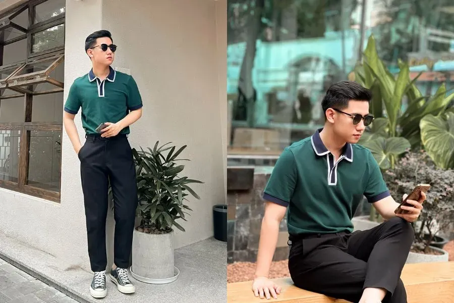 Chiếc áo polo màu xanh rêu vừa dễ mix & match vừa mới lạ, sang trọng.