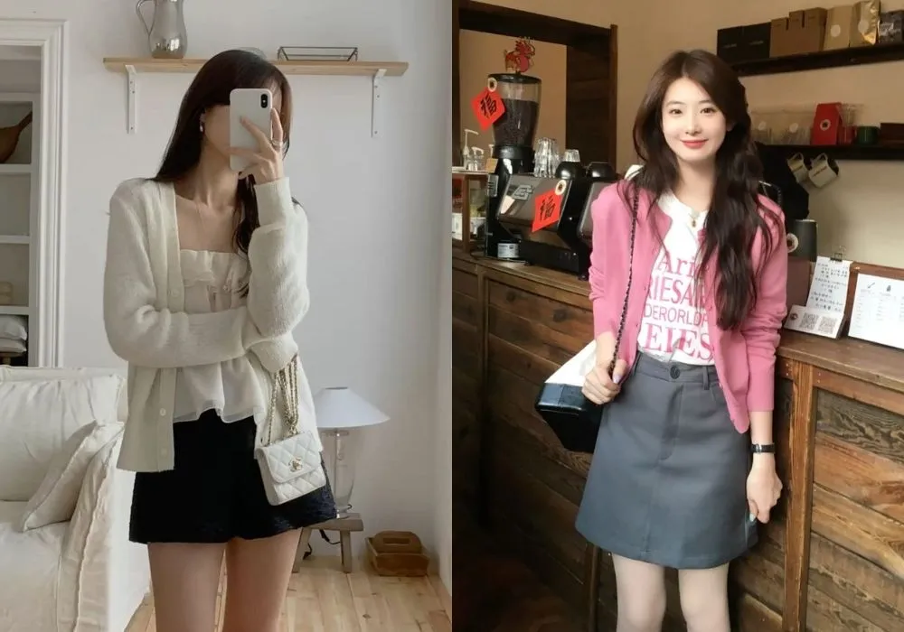 Cách phối áo cardigan nữ với chân váy ngắn xinh xắn (Nguồn: Internet)