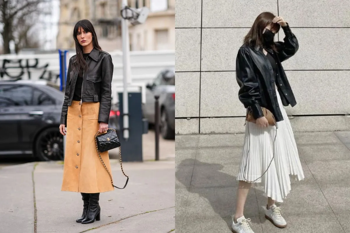 Mix & match áo khoác da nữ với chân váy dài (Nguồn: Internet)