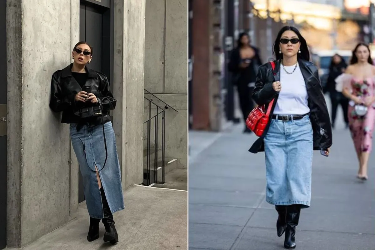 Outfit nhẹ nhàng cho nàng công sở với chân váy jean và áo khoác da (Nguồn: Internet)