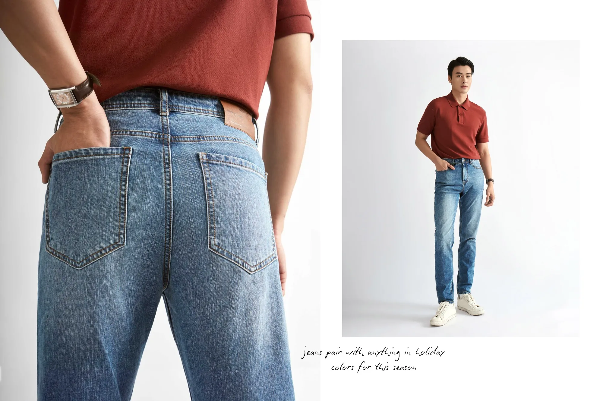 Áo polo tay ngắn đỏ đô phối quần jean ống ôm cực thời trang (Nguồn: Routine)