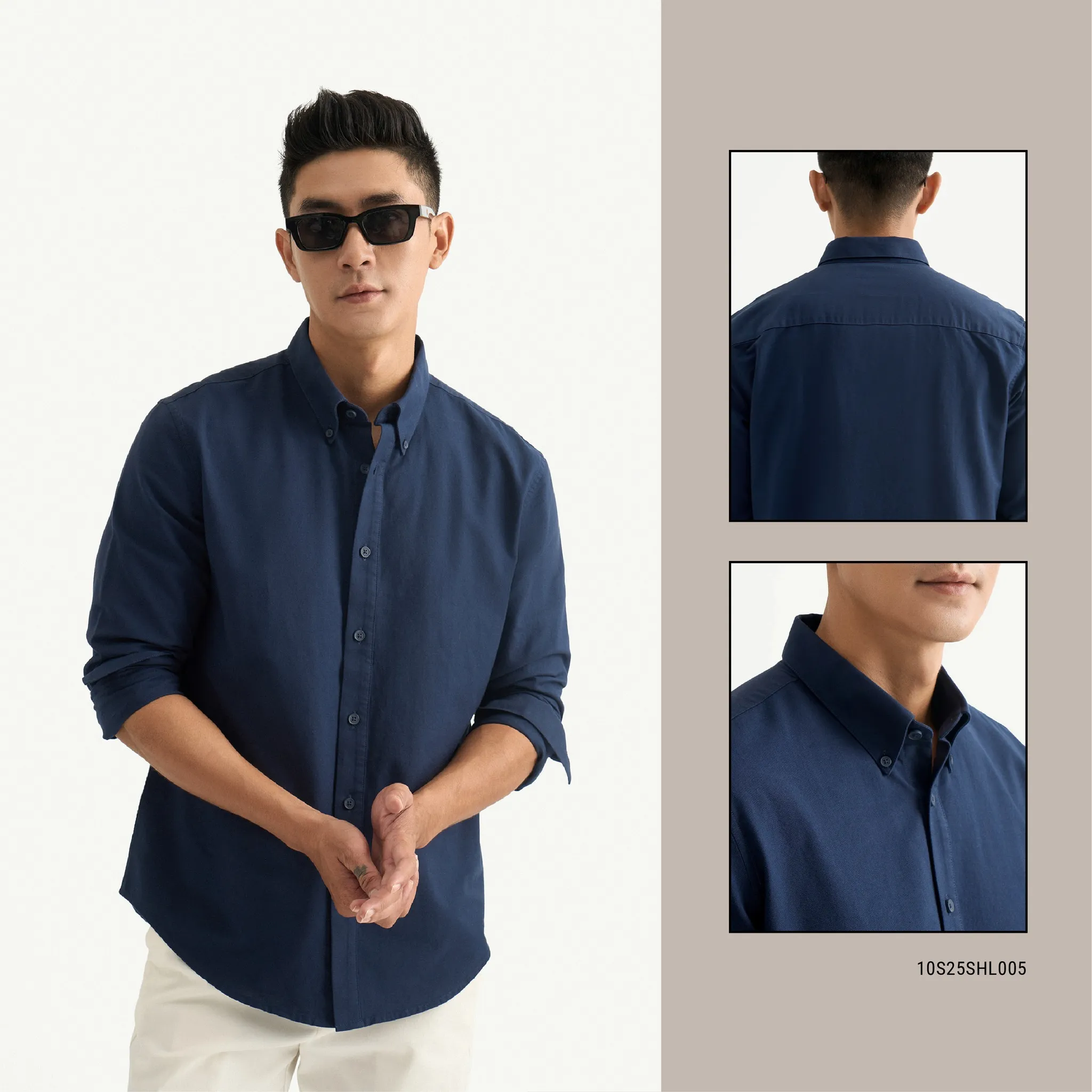 Áo sơ mi màu xanh dương đậm lịch lãm, trẻ trung cho outfit công sở hằng ngày (Nguồn: Routine)