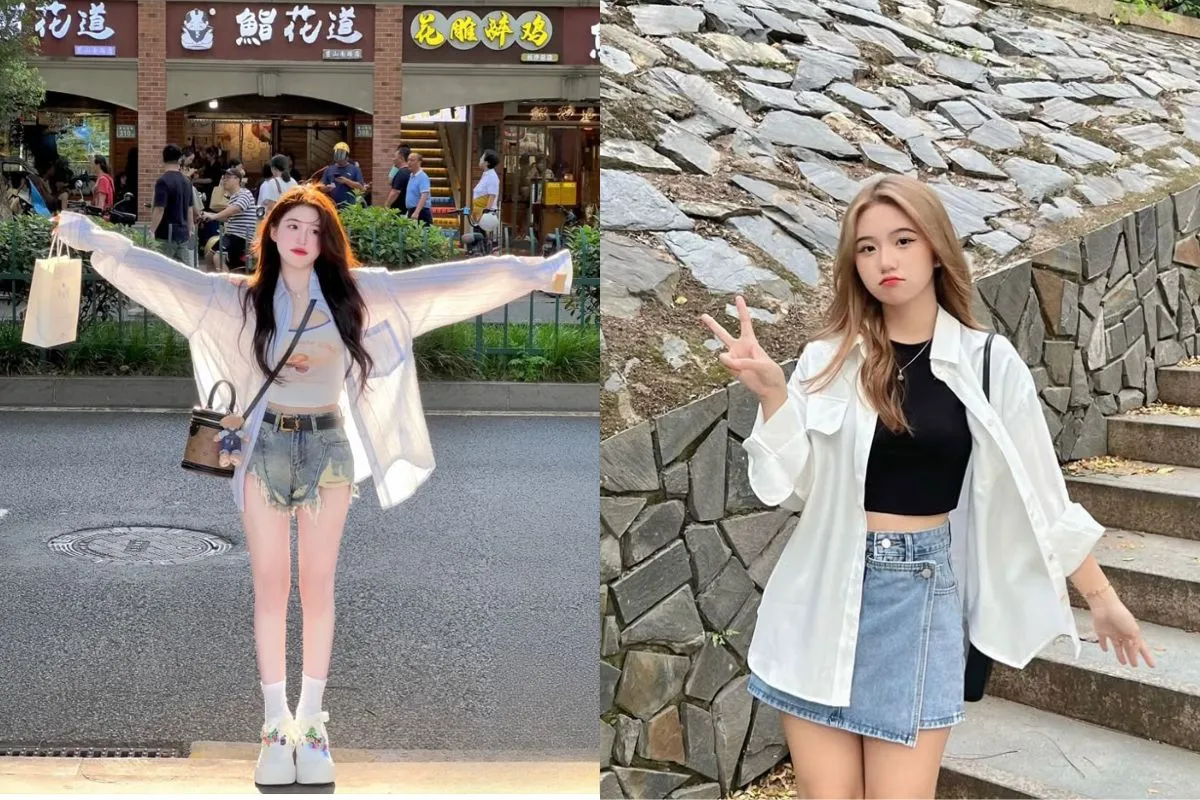 Phong cách phối áo sơ mi khoác ngoài dành cho nữ mix cùng váy midi