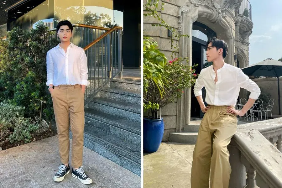 Áo sơ mi trắng và quần kaki màu be đơn giản, trẻ trung (Nguồn: Internet)