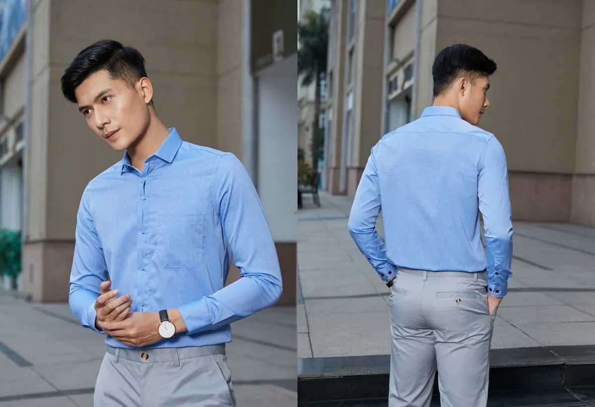 Áo sơ mi xanh nước biển và quần tây màu xám thanh lịch (Nguồn: Internet)