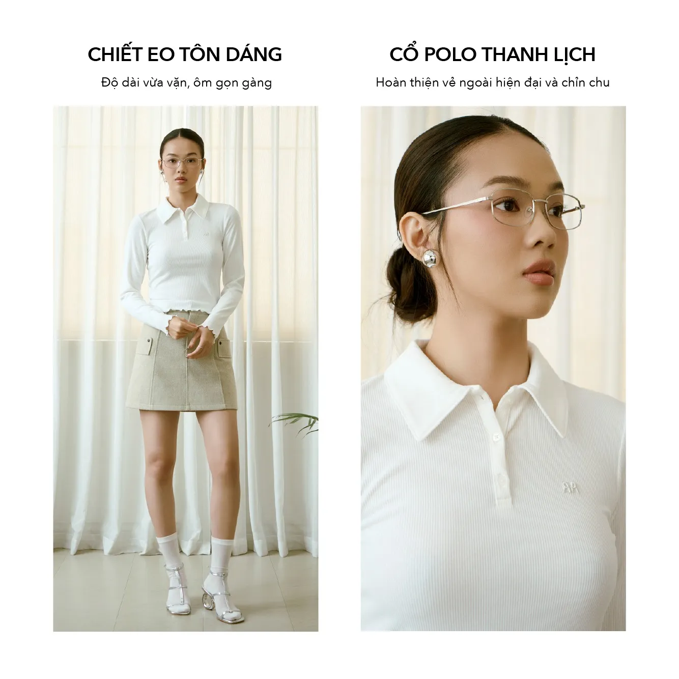 Combo áo thun body tay dài cổ bẻ kết hợp chân váy đầy sự mềm mại và nữ tính