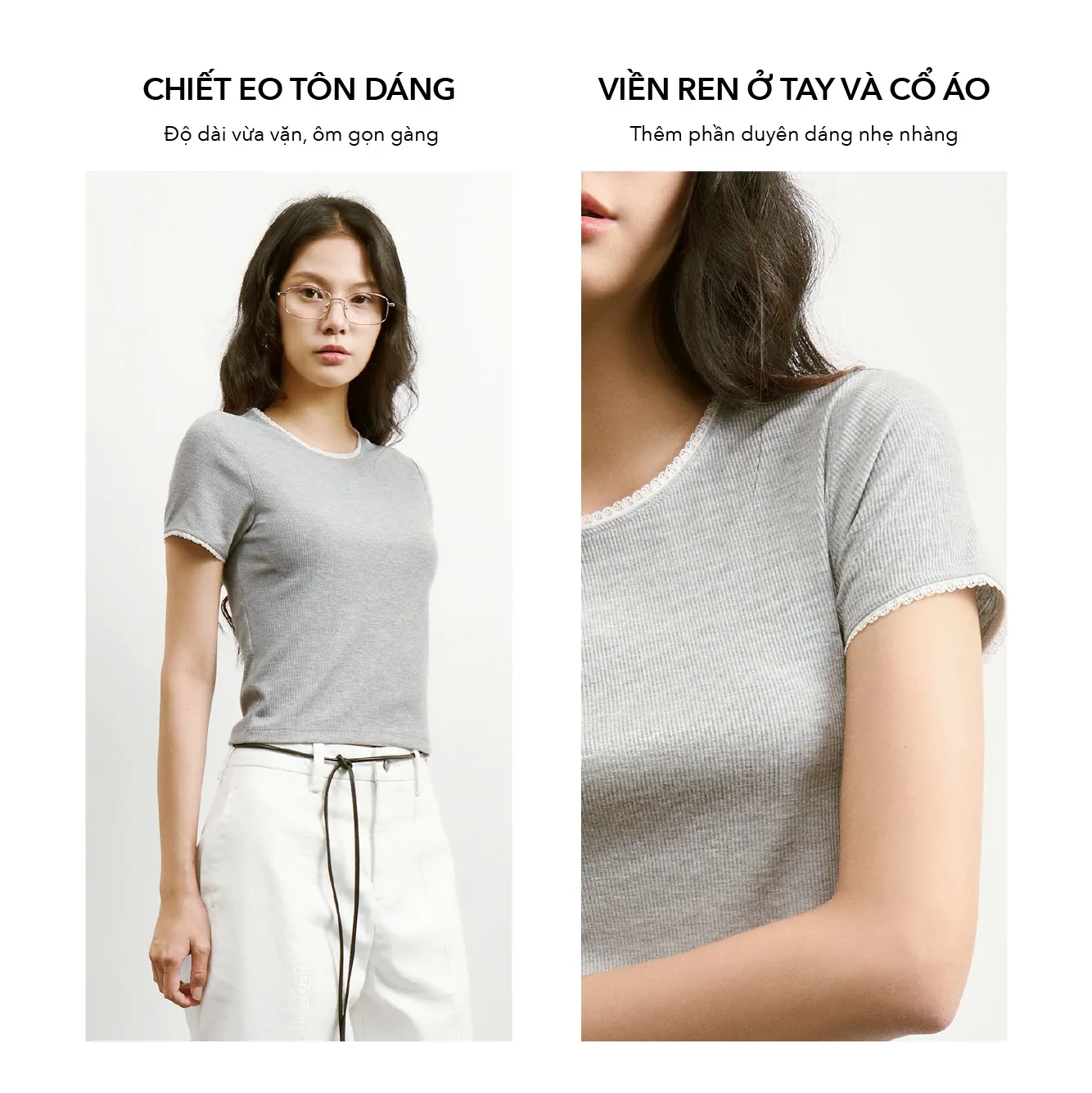 Áo thun body tay ngắn phối ren tạo điểm nhấn nữ tính