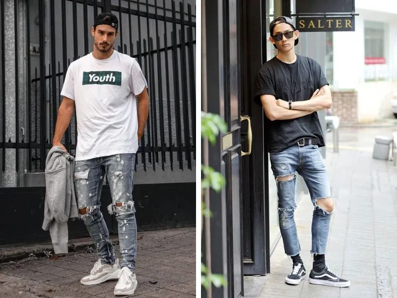 Áo thun rộng phối quần jeans rách mạnh mẽ, nam tính (Nguồn: Internet)