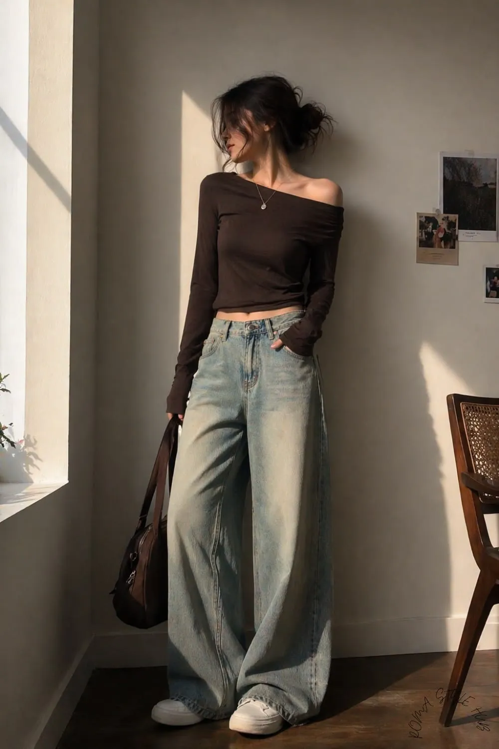 Áo trễ vai tay dài croptop mix & match cùng quần jean ống rộng cá tính
