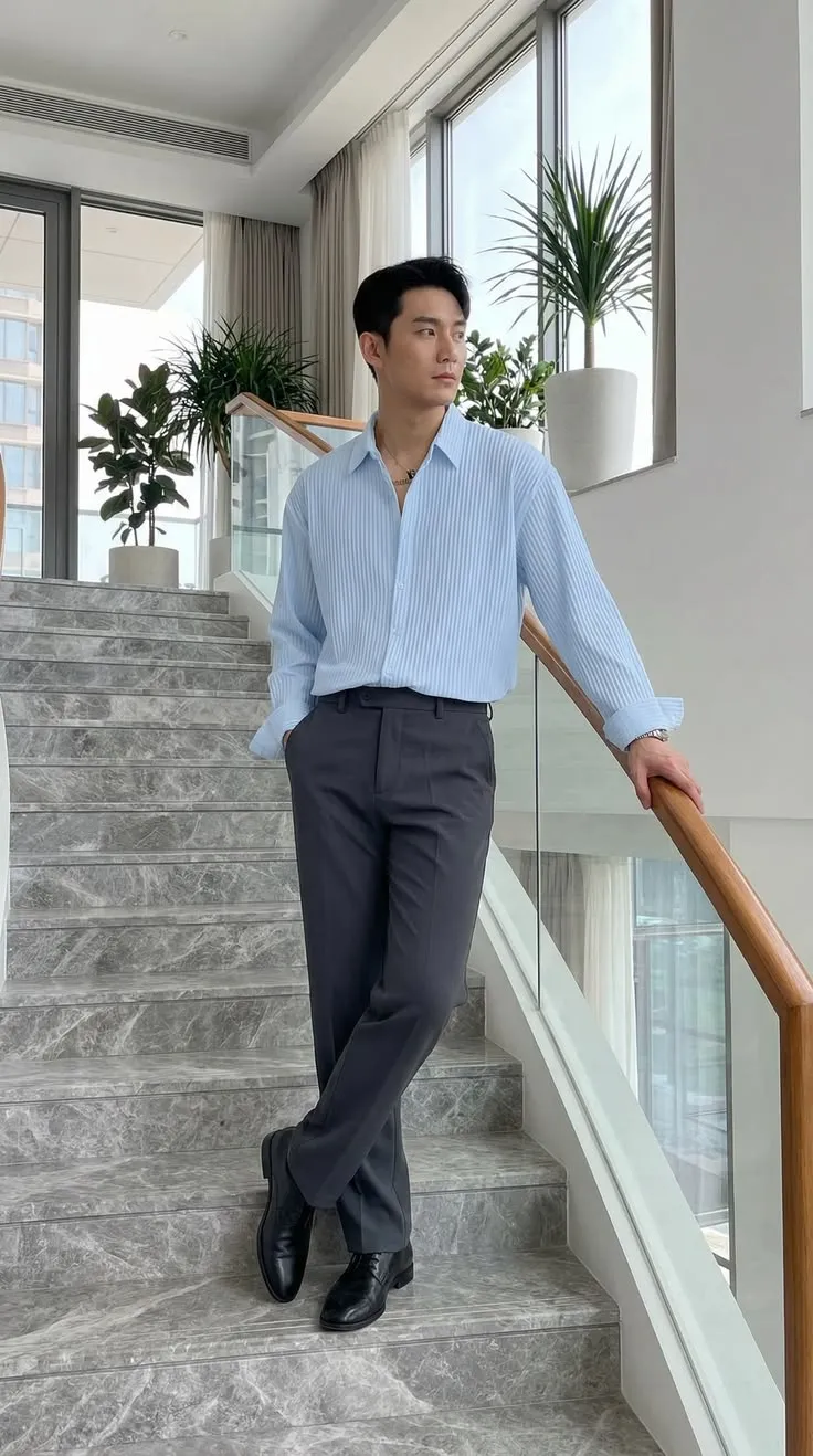 Sơ mi xanh dương sọc đi cùng quần tây ghi cho hình ảnh chỉn chu cho quý ông