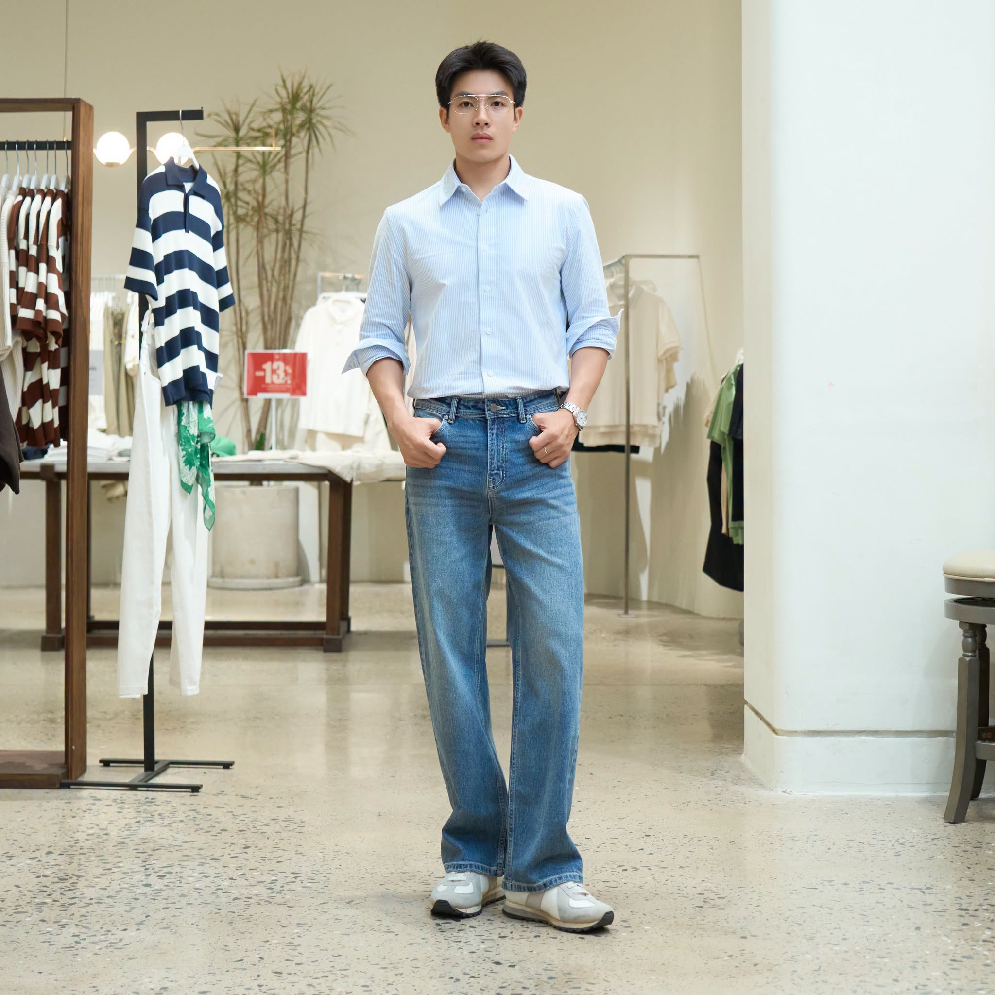 Sơ mi xanh dương nhạt cùng quần jean xanh cho quý ông lịch lãm