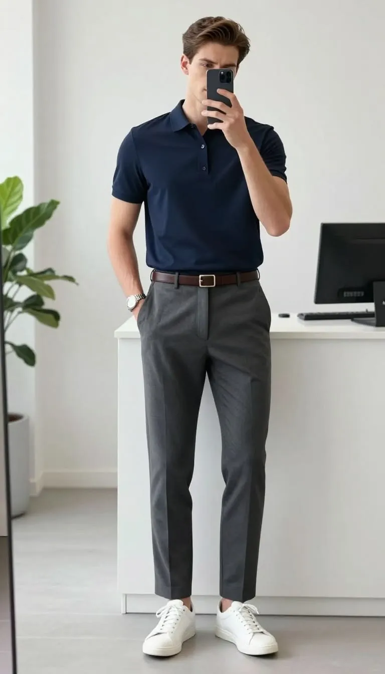 Gợi ý outfit áo polo xanh navy đi cùng quần tây xám và sneaker trắng