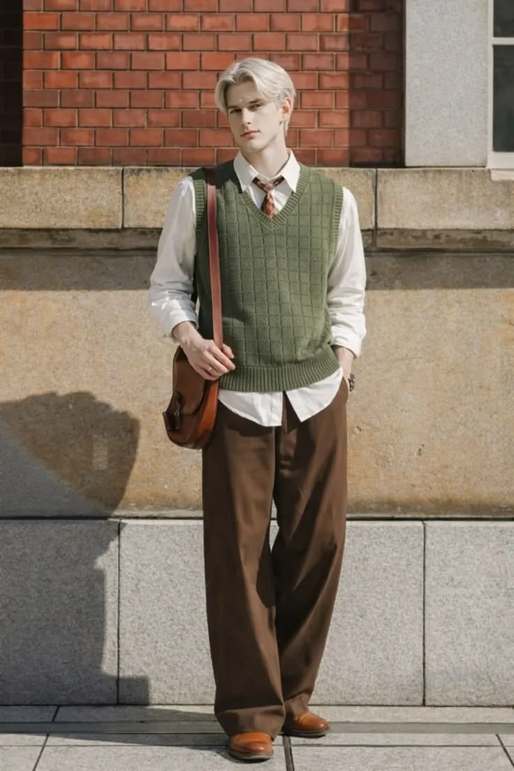 Áo gile xanh rêu phối cùng quần ống rộng màu nâu mang vibe preppy vintage chỉn chu