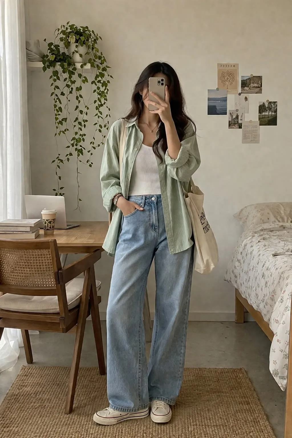 Outfit dạo phố năng động với áo xanh lá pastel và quần jean nhạt