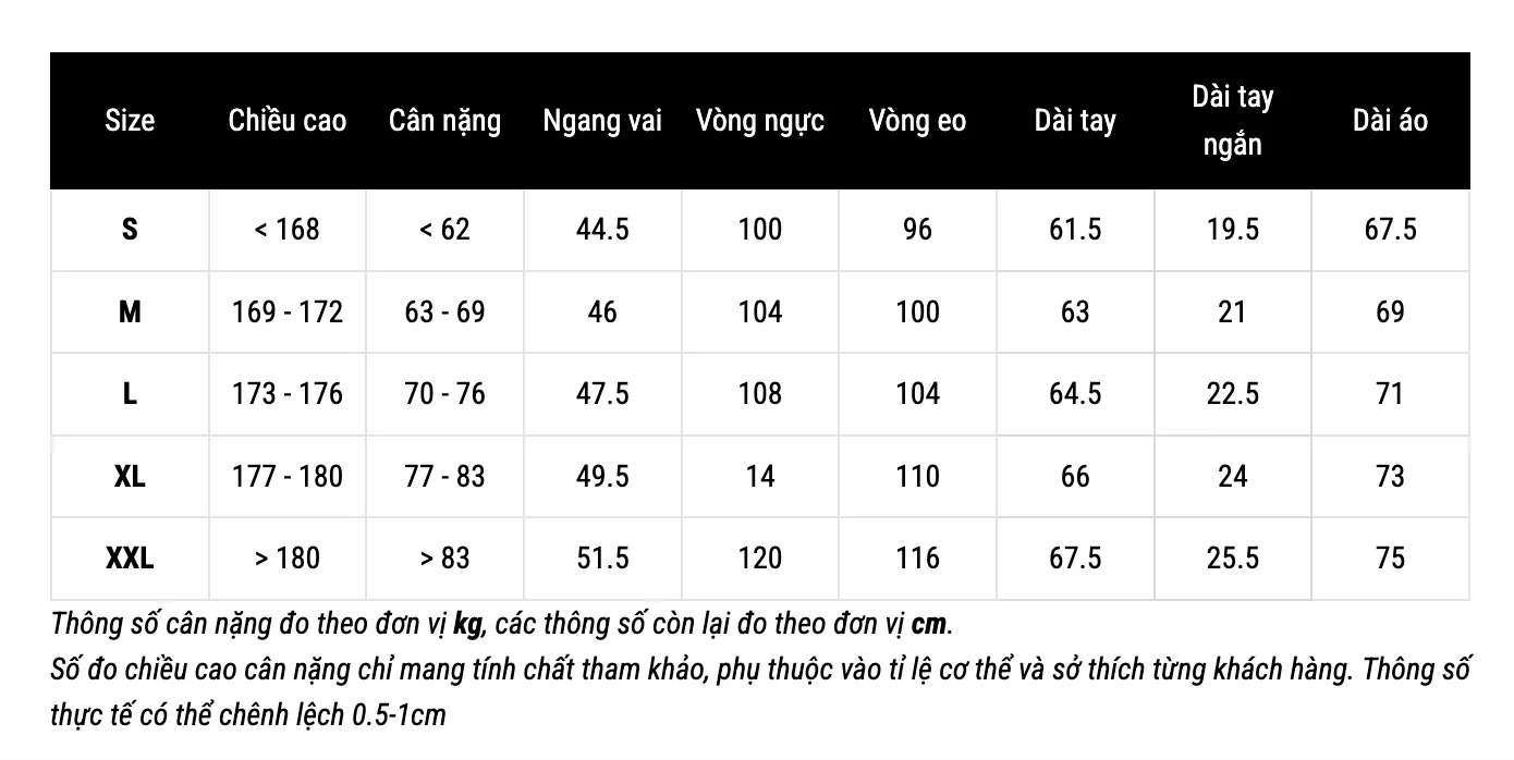 Bảng size áo thun nam form Fitted tại Routine (Nguồn: Routine)