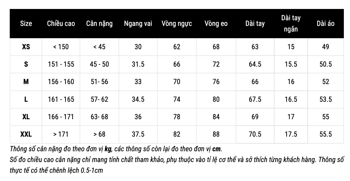 Bảng size áo thun nữ form Fitted tại Routine (Nguồn: Routine)