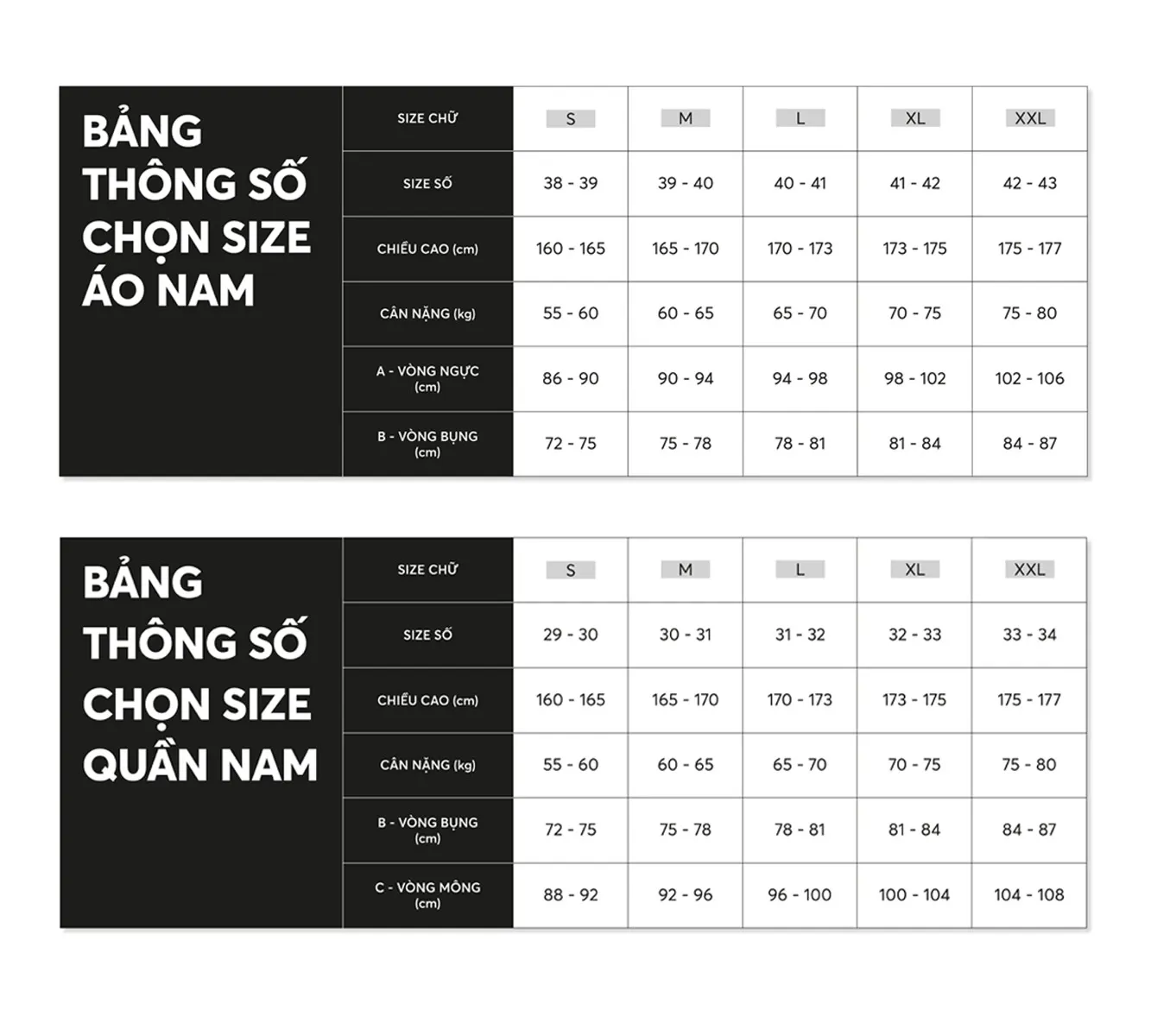 Bảng size áo nam thương hiệu Novelty (Nguồn: Internet)