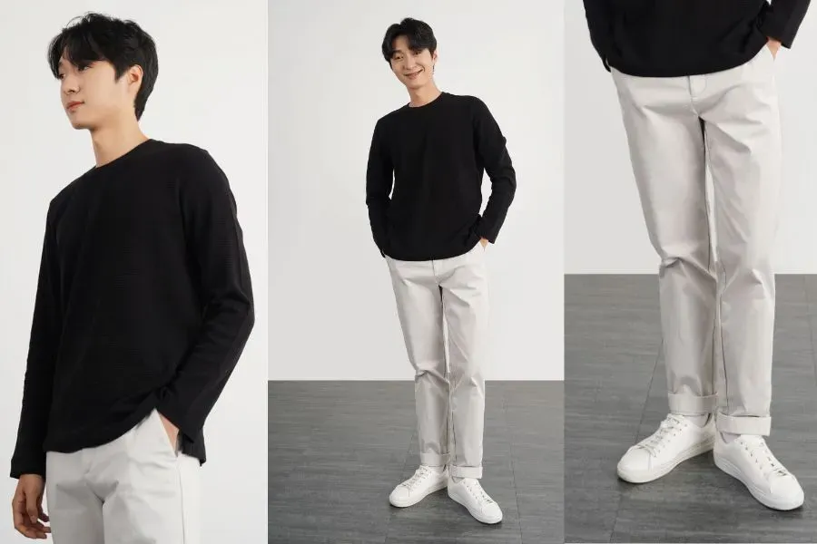 Phối đồ với áo thun tay dài thu đông cùng quần kaki tạo sự đơn giản và thanh lịch