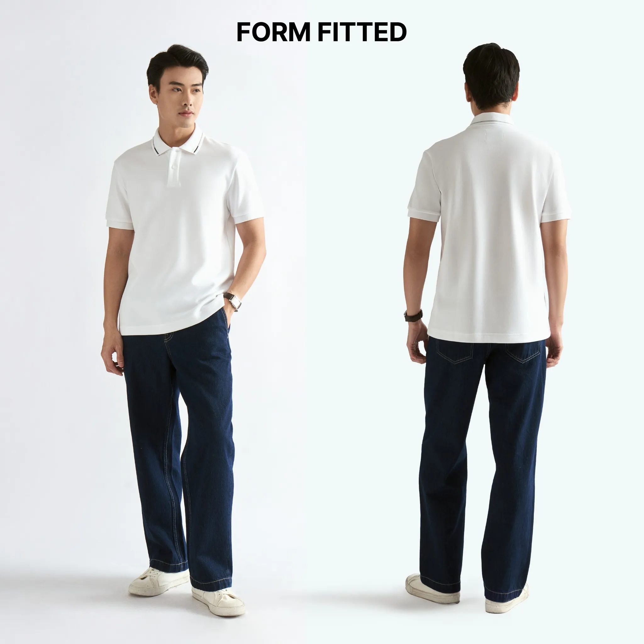 Bộ đôi áo polo trắng và quần jeans ống suông mang đến vẻ ngoài tinh tế (Nguồn: Routine)