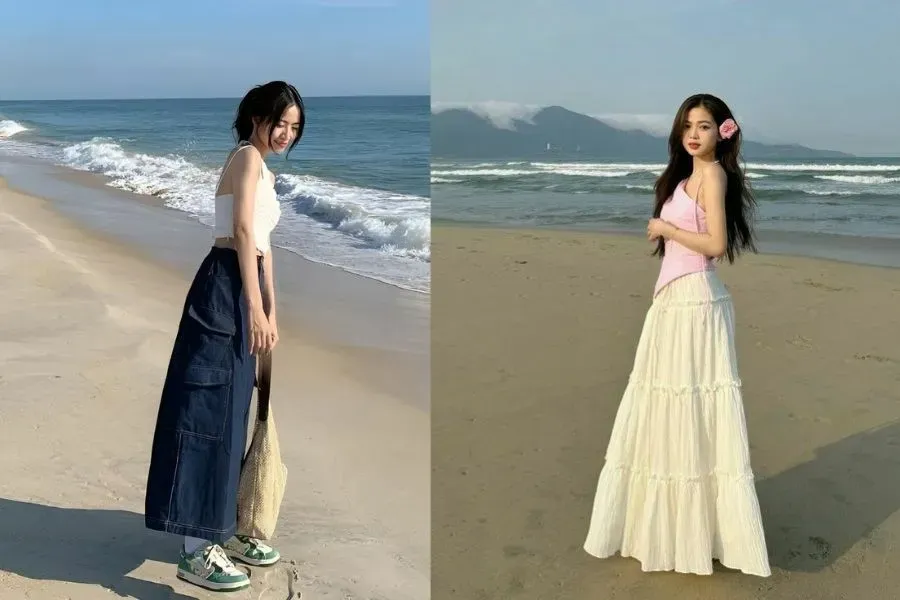 Chân váy dài đi biển nhẹ nhàng, duyên dáng (Nguồn: Pinterest)