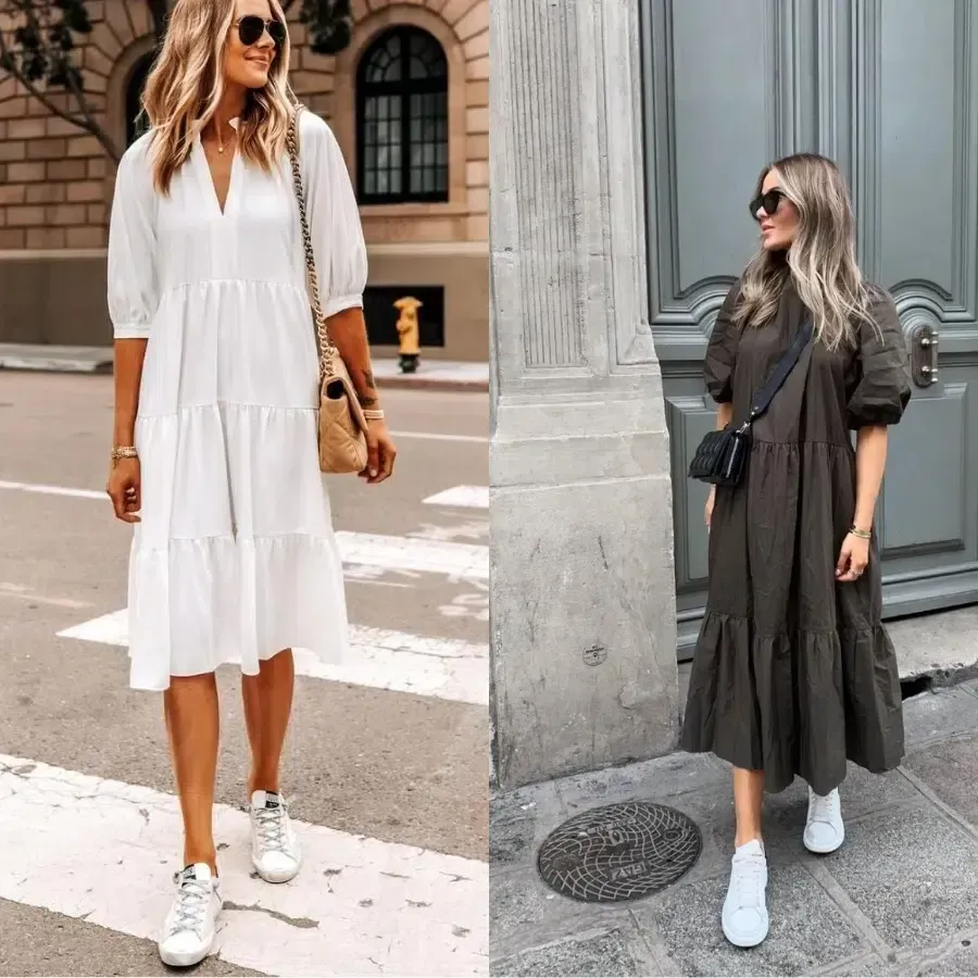 Cách phối đầm suông với giày thể thao nữ tính