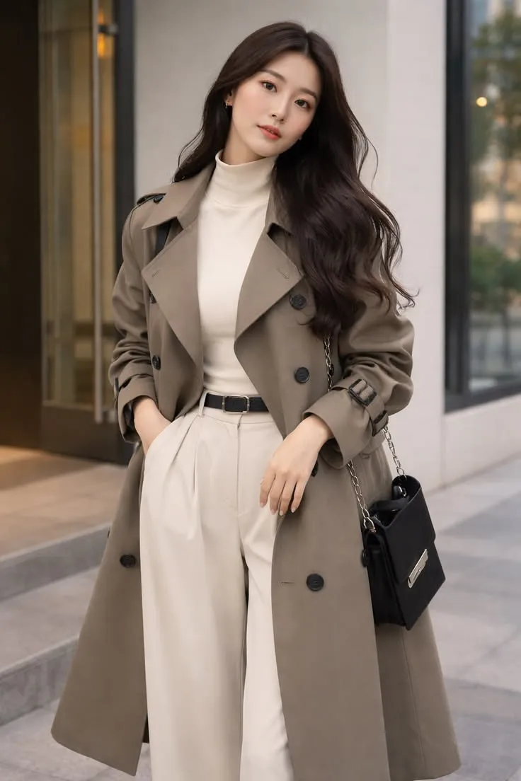 Áo len cổ lọ phối áo khoác dáng dài cho outfit ấm áp và thanh lịch