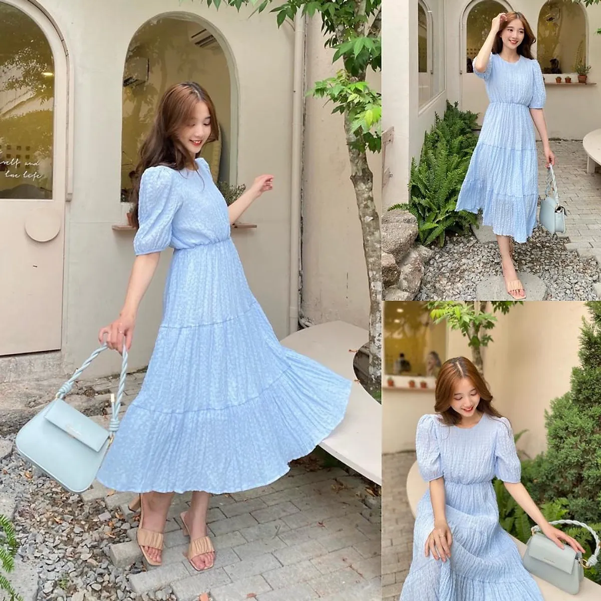 Cách phối đầm xanh nước biển dáng dài và giày nude đơn giản (Nguồn: Internet)